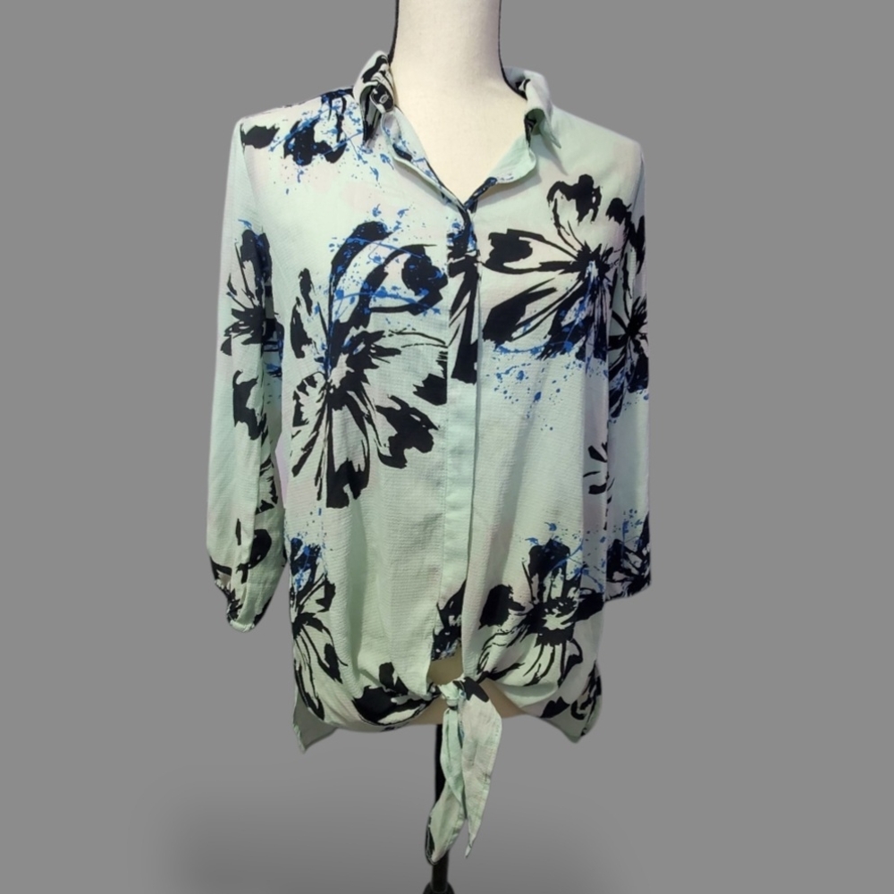 Floral Print Women's Top - Black and Blue